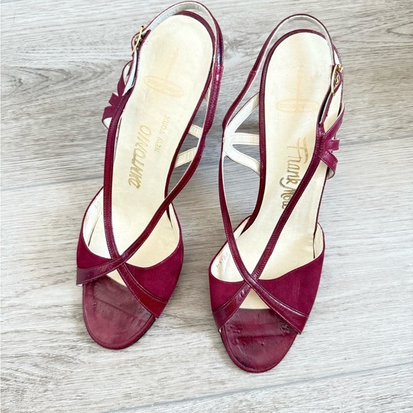 Frank More Shoes - Vintage 70s Frank More New York Burgundy Peep Toe SlingBack Sandals Ankle Strap